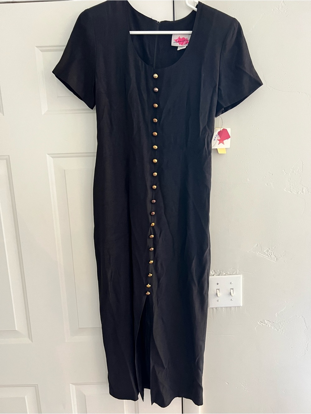 Vintage Irresistible by Sue Eng Black Midi Dress with Gold Button Front
